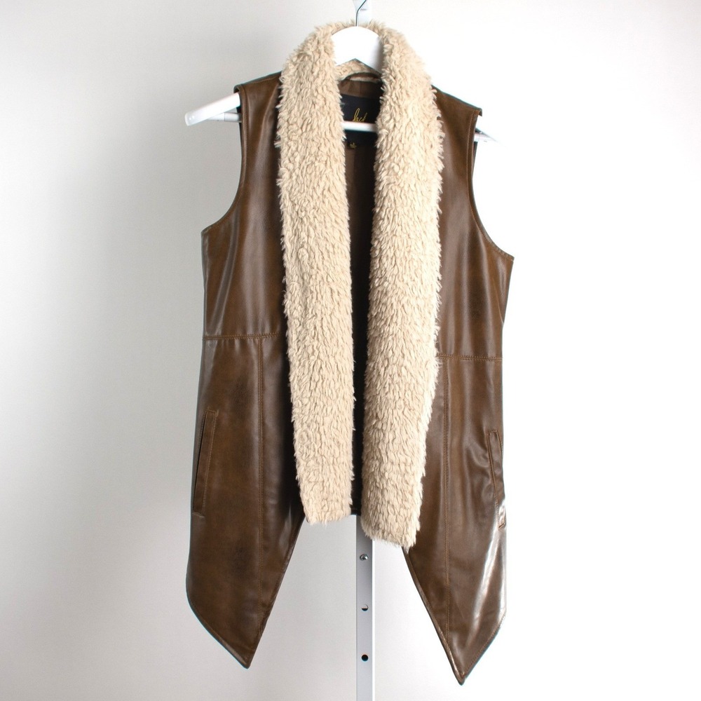 Jack Faux Leather Vest Longline Brown Faux Fur Collar Sleeveless Outerwear Large